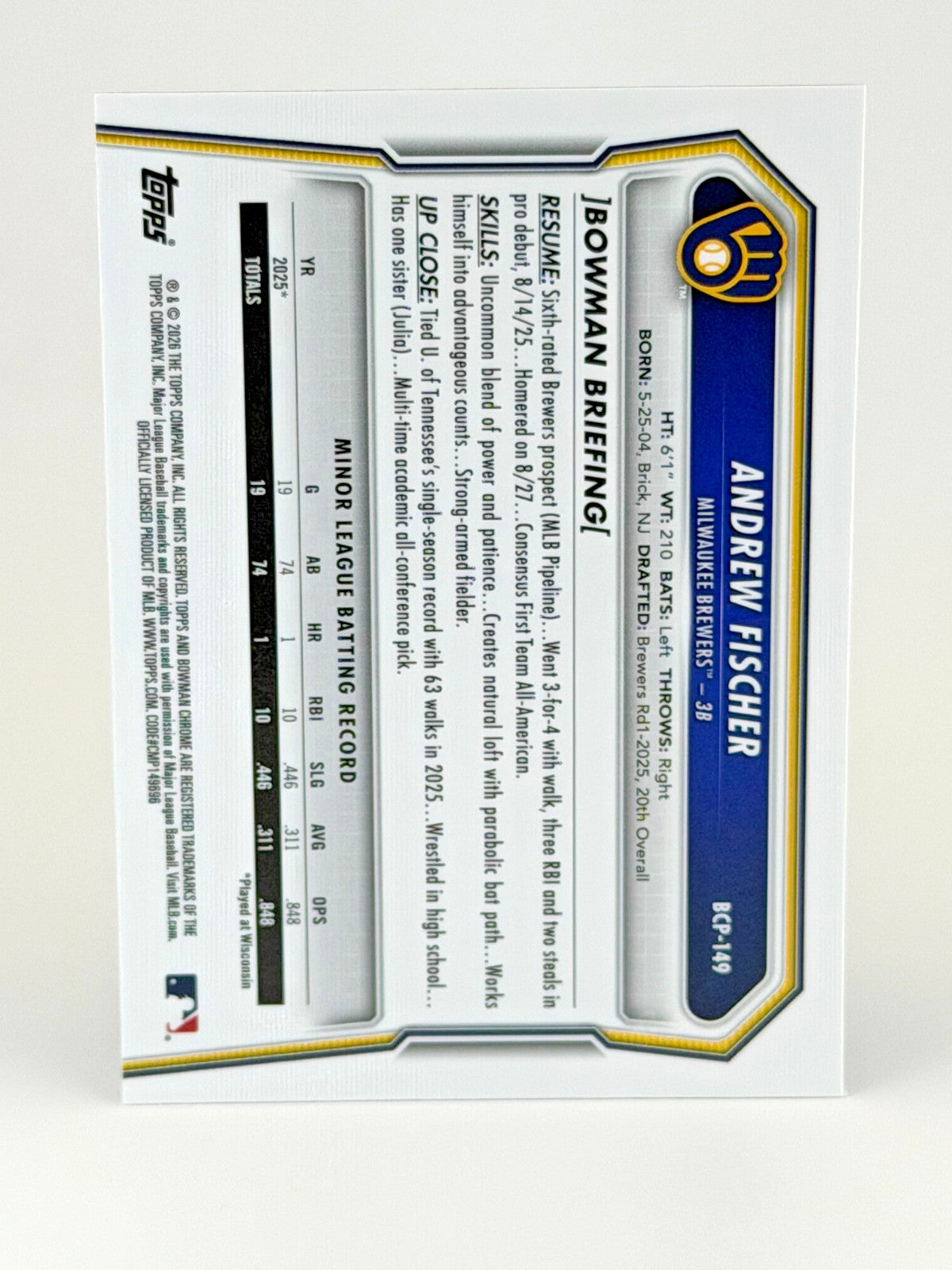 2026 Bowman Chrome 1st Andrew Fischer MOJO Refractor BCP-149 Brewers