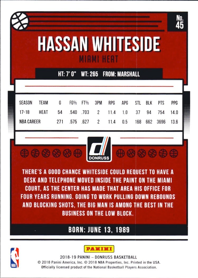 🏀 2018-19 Panini Donruss - #45 Press Proof Silver - Hassan Whiteside - Heat