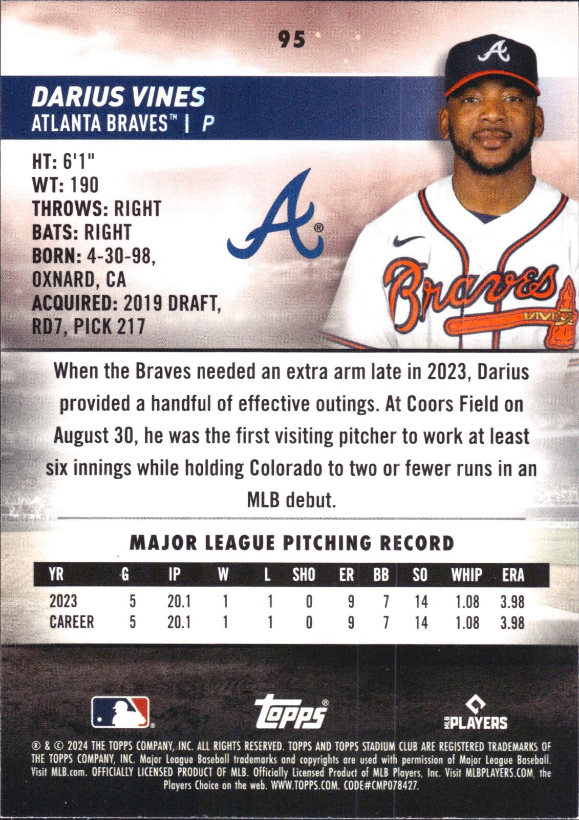 2024 Topps Stadium Club - #95 Darius Vines (RC) Rookie - Braves