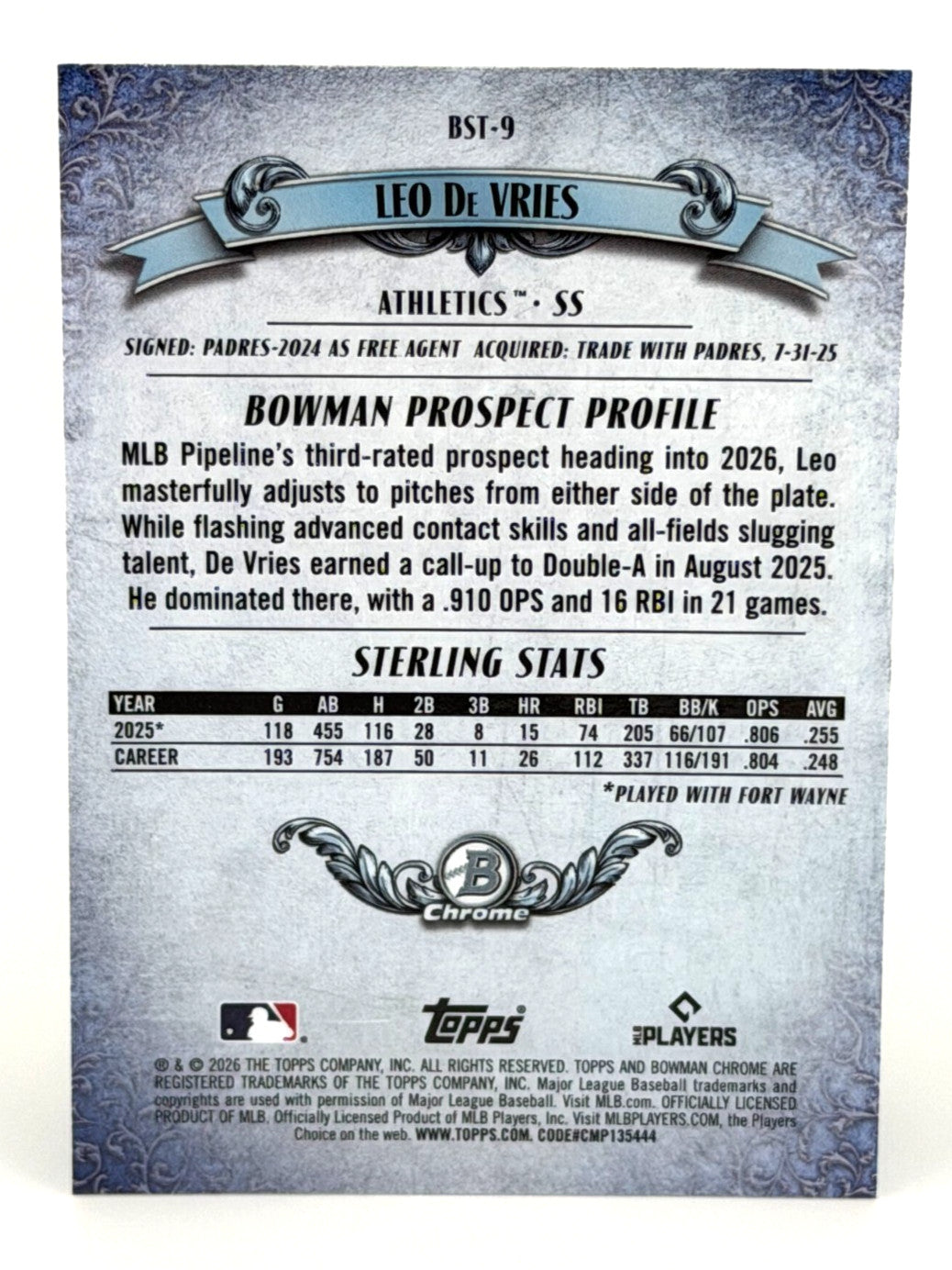 2026 Bowman Sterling Refractor - Leo De Vries #BST-9