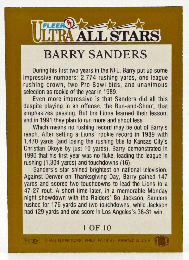 1991 Fleer Ultra All-Stars (#1/10) Barry Sanders (HOF)