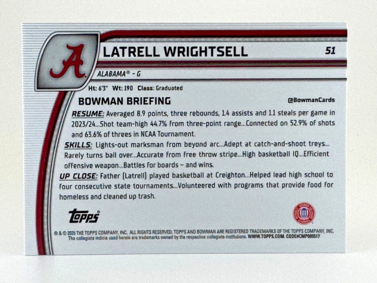 🏀 2024-25 Bowman University Chrome #51 1st Bowman - Latrell Wrightsell