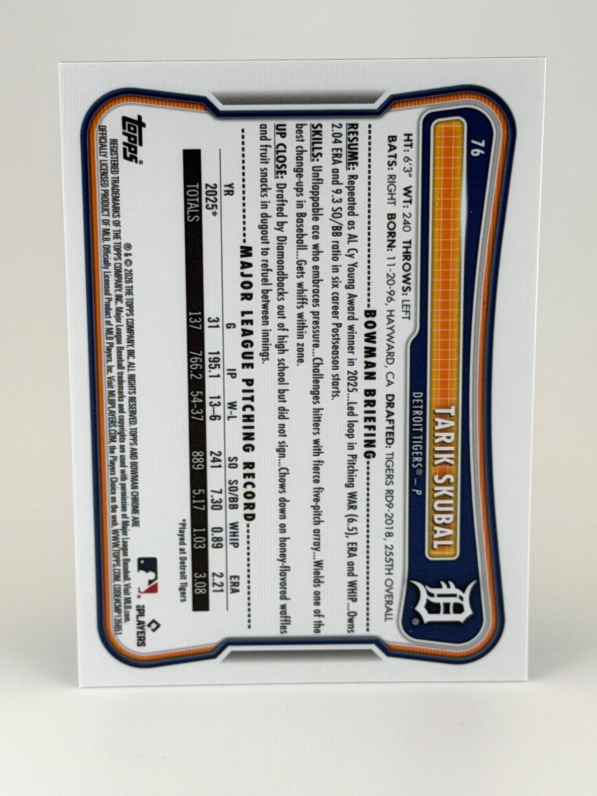 2026 Bowman Chrome #76 Tarik Skubal MOJO Refractor - Cy Young