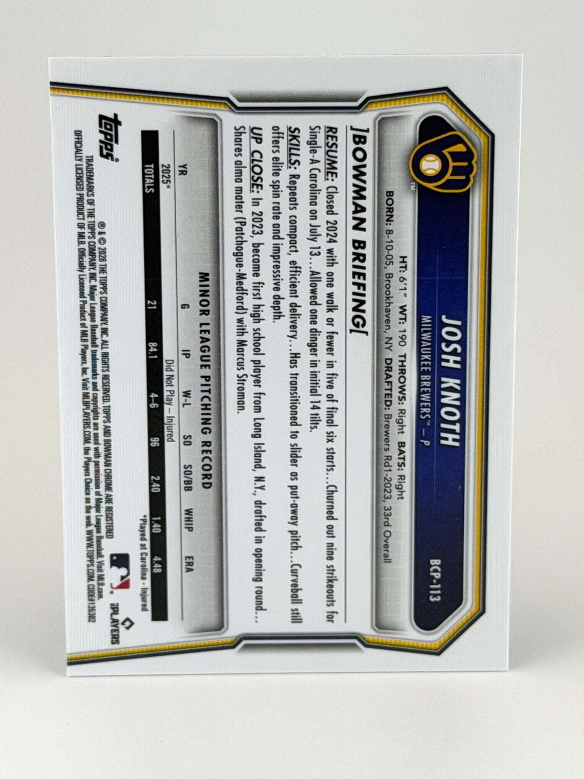 2026 Bowman Chrome #BCP-113 Josh Knoth - Laser Refractor - Brewers