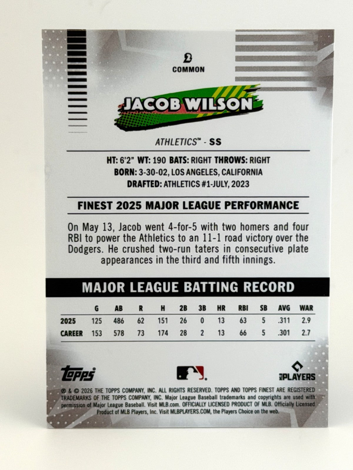 2026 Topps Finest #2 Mini Diamond Parallel - Jacob Wilson - A's
