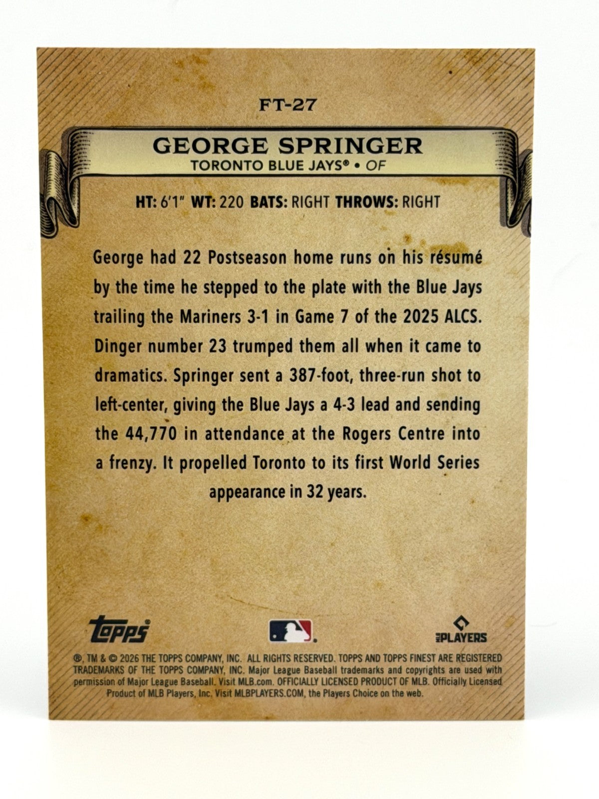 2026 Topps Finest #FT-27 George Springer - Finest Timelines Insert