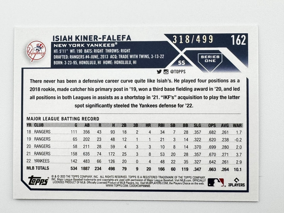 2023 Topps GREEN FOIL BOARD (318/499) Isiah Kiner-Falefa #162 - Yankees