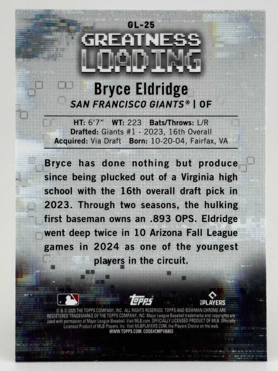 ⚾️ 2025 Bowman #GL-25 Greatness Loading - Bryce Eldridge - Giants