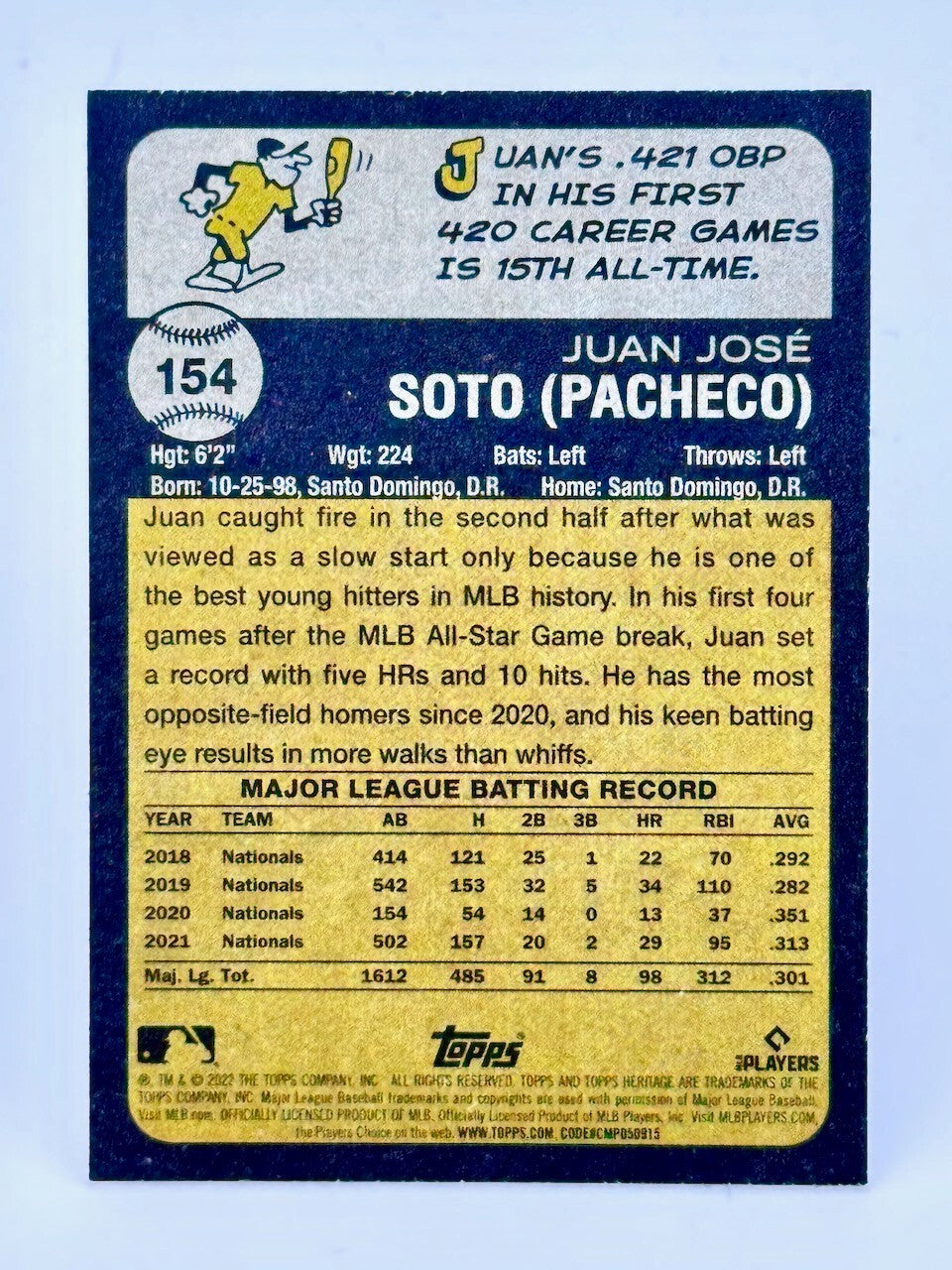 2022 Topps Heritage - #154 Juan Soto - Nationals - MINT