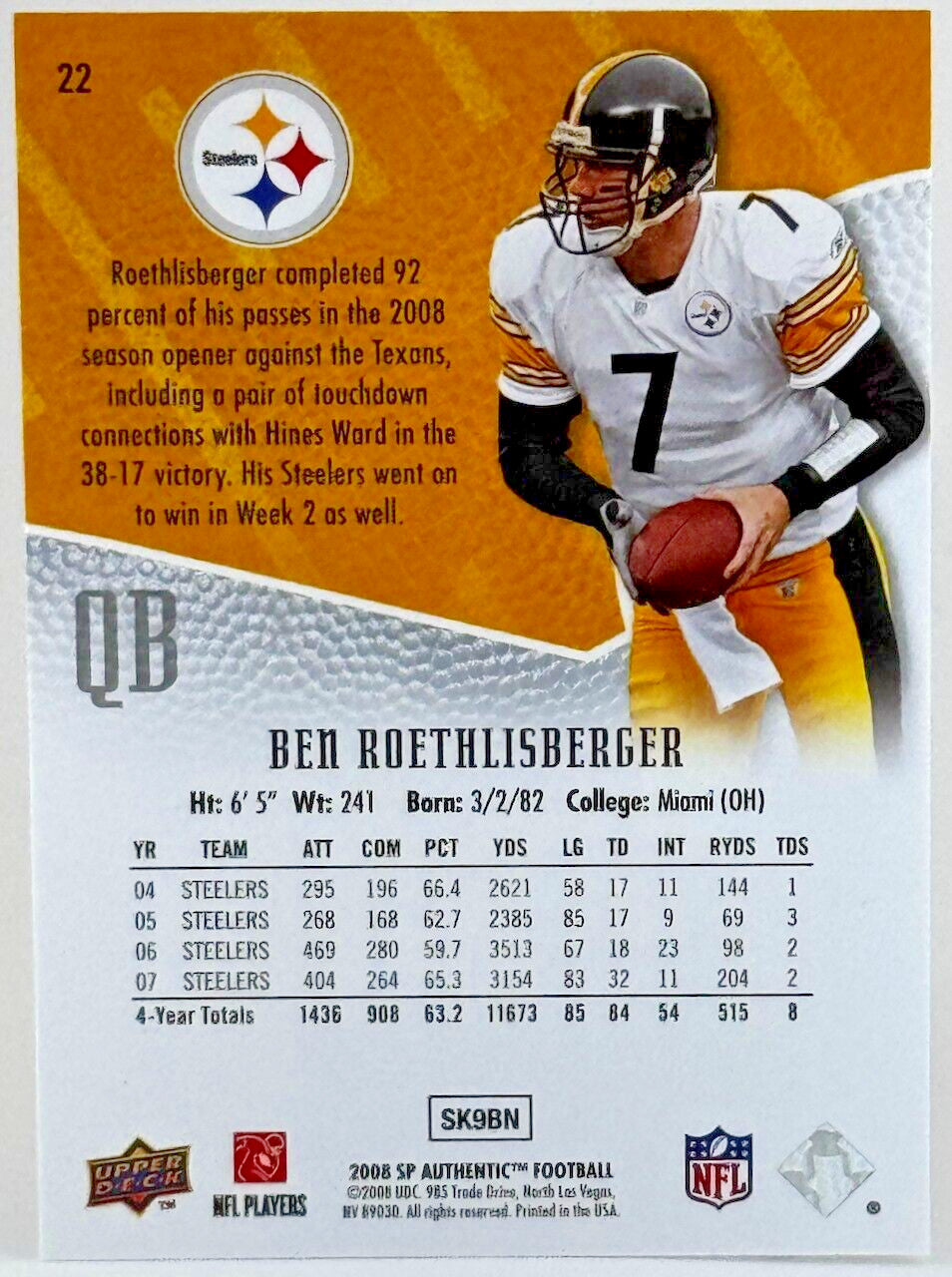 2008 SP Authentic - #22 Ben Roethlisberger - Steelers