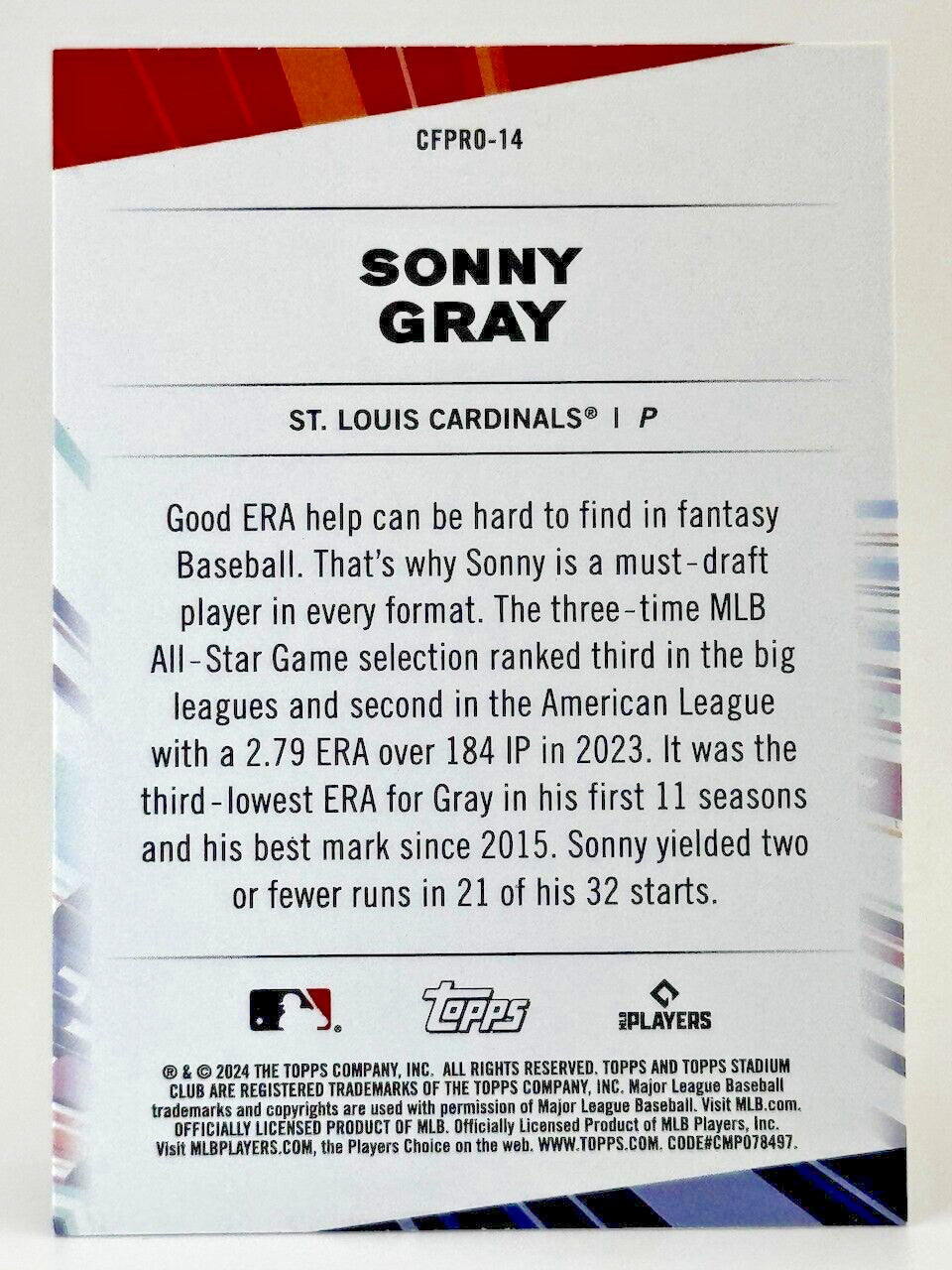 2024 Topps Stadium Club - Chief Fantasy Professionals Refr #CFPRO-14 Sonny Gray