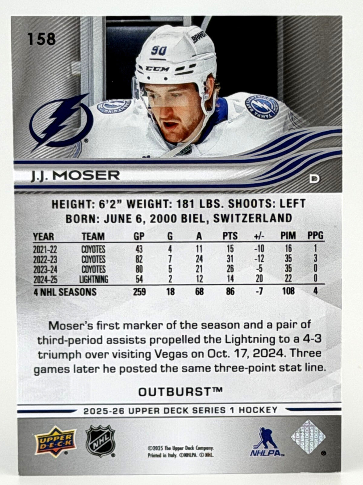2025-26 Upper Deck Series 1 #158 OUTBURST - J.J. Moser - SP