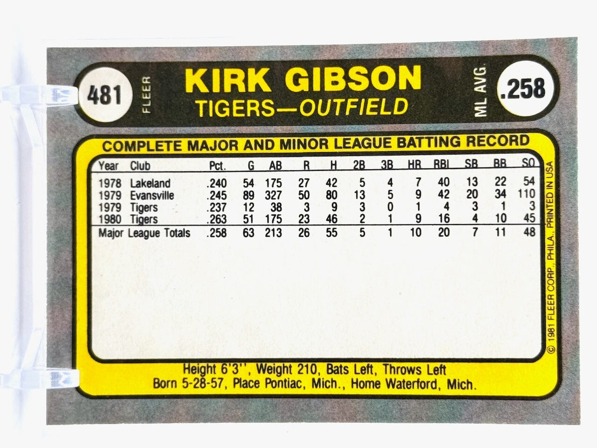 1981 Fleer - #481 Kirk Gibson (RC) - Rookie - Detroit Tigers - SHARP CORNERS