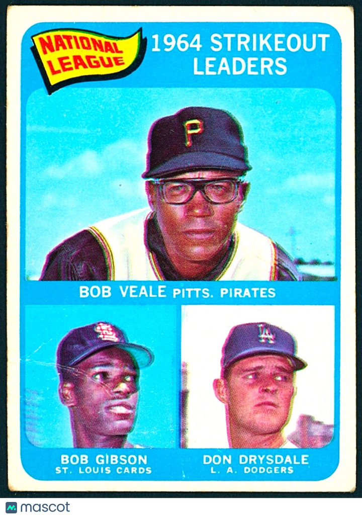 ⚾️ 1965 Topps League Leaders Bob Gibson HOF, Don Drysdale HOF, Bob Veale #12 VG