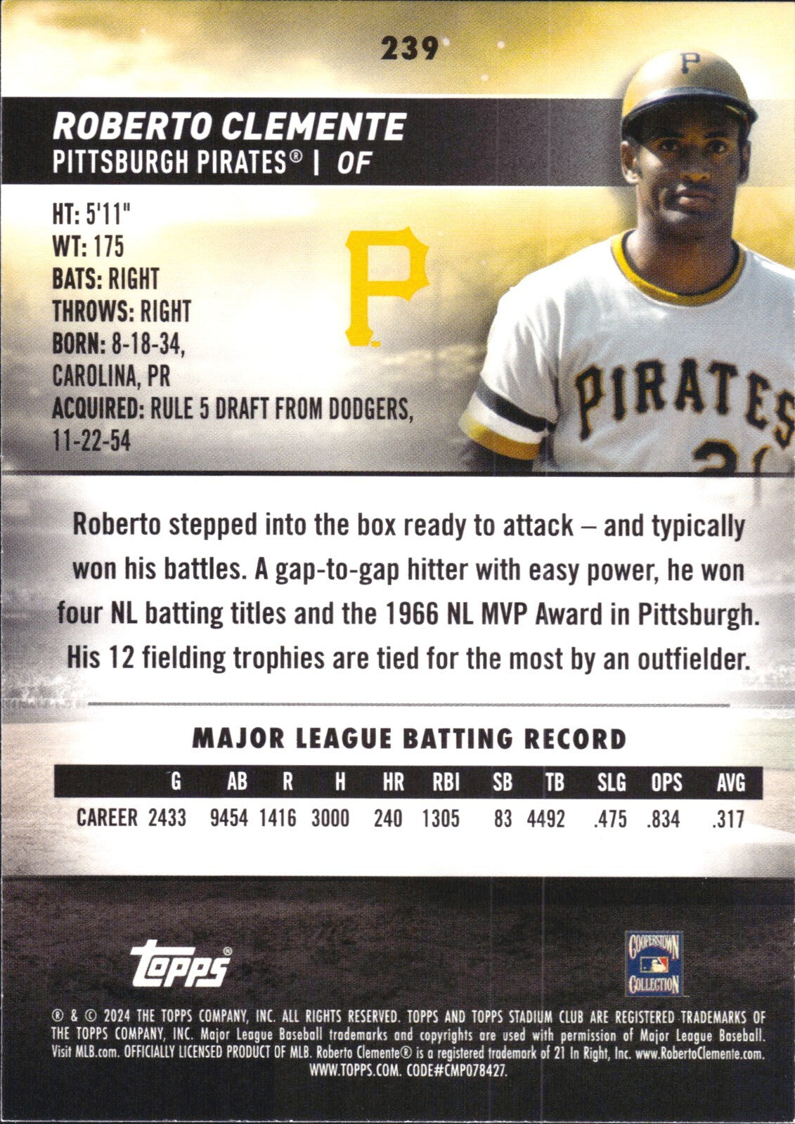 2024 Topps Stadium Club - #239 Roberto Clemente (HOF) - Pirates