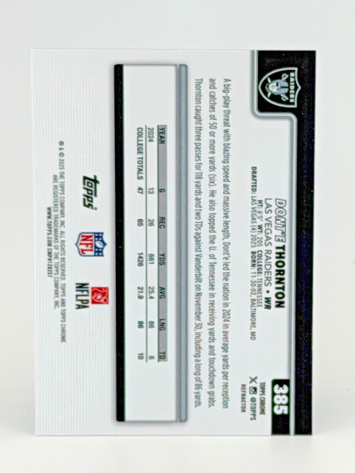 🏈 2025 Topps Chrome Football #385 Donte Thornton Jr Raiders - REFRACTOR