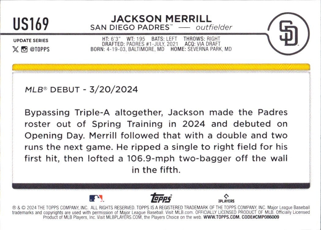 2024 Topps Update Series - Rookie Debut #US169 Jackson Merrill (RC)