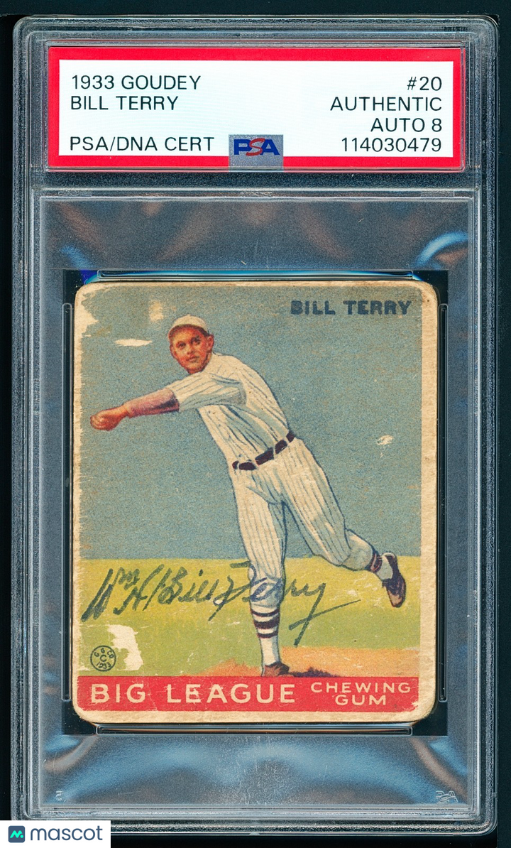 1933 Goudey #20 Bill Terry RC HOF Signed Steel Tip Fountain Pen PSA A Auto 8