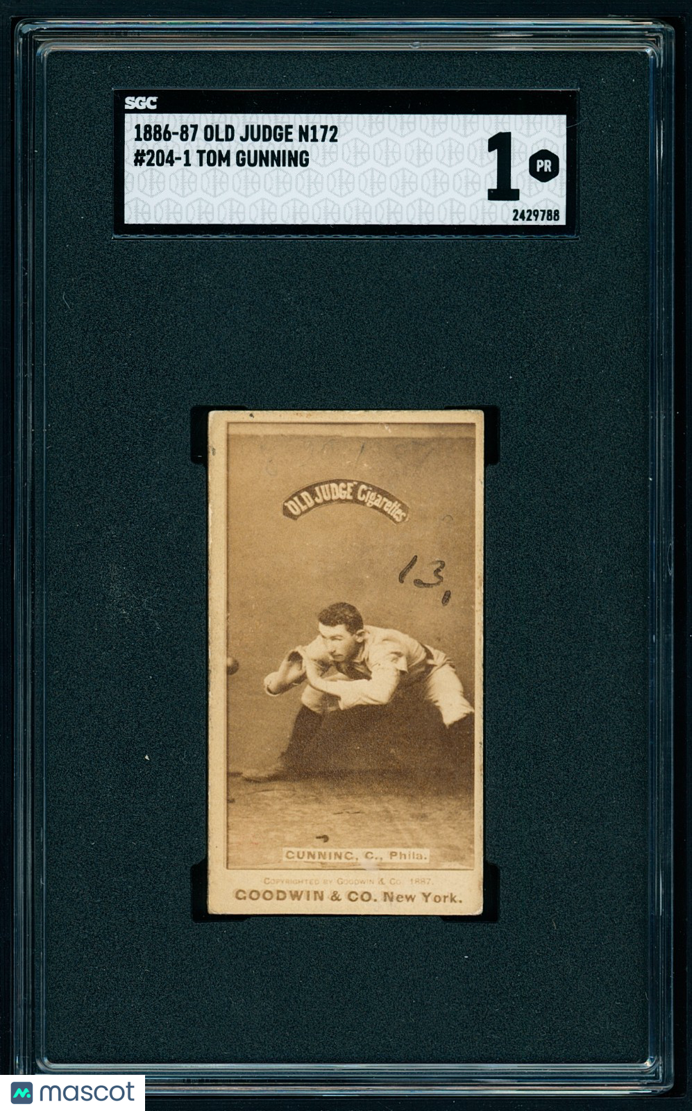 1886-87 Old Judge N172 - Tom Gunning #204-1  - Philadelphia - SGC 1+ Great Image