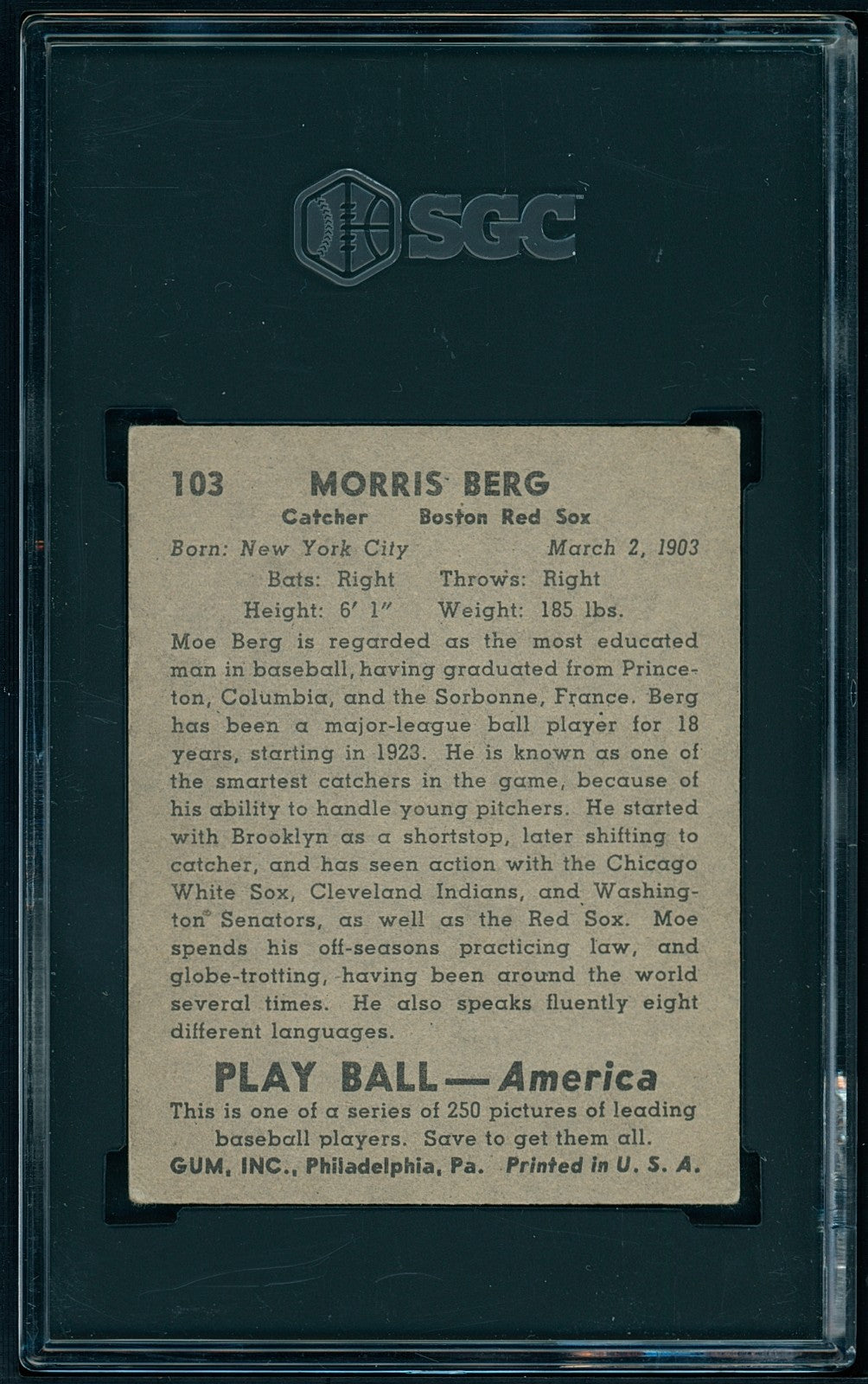 1939 Play Ball - Moe Berg #103 Name in All Caps - Dead Centered - SGC 3+