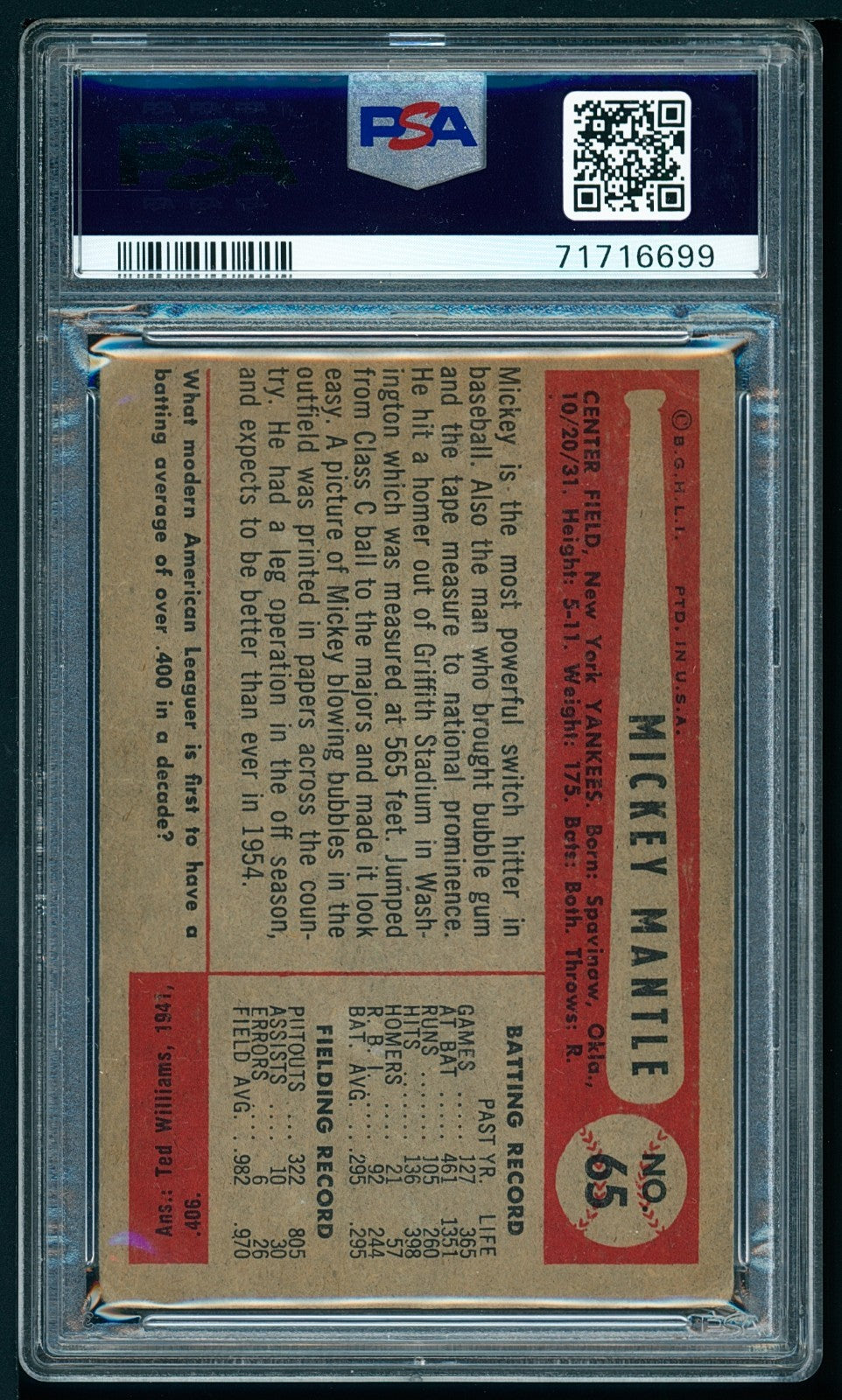 1954 Bowman Mickey Mantle HOF - PSA 1.5 Beautiful Example