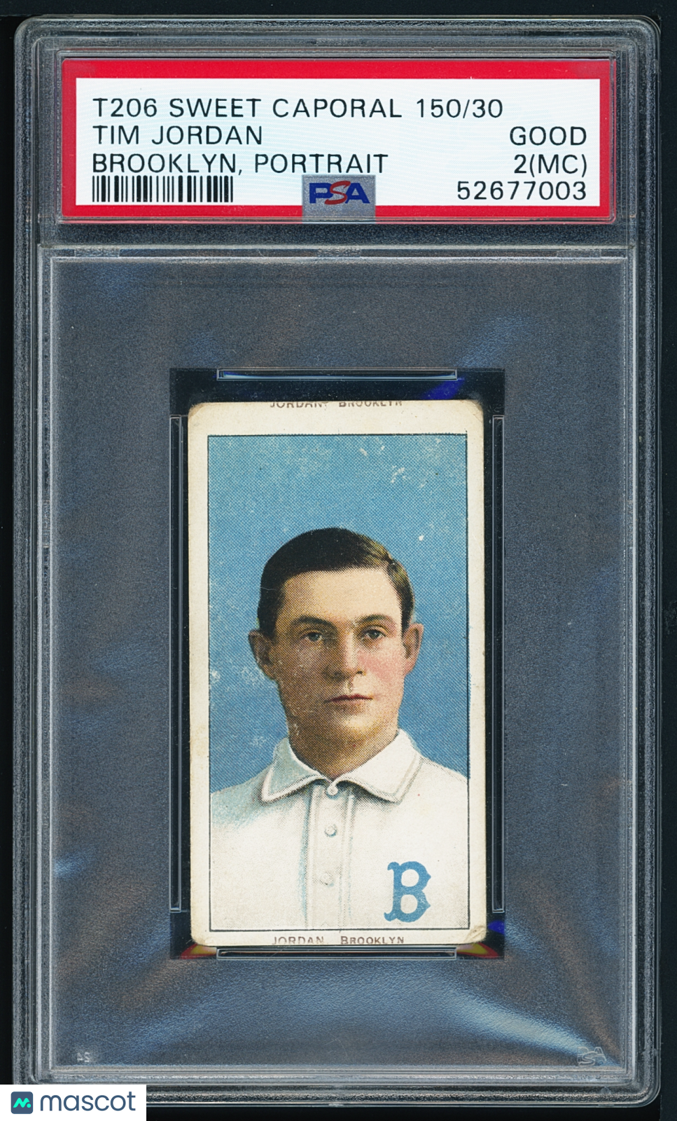 1909-11 T206 Sweet Caporal - Tim Jordan Error DOUBLE NAME Rookie PSA 2 Miscut