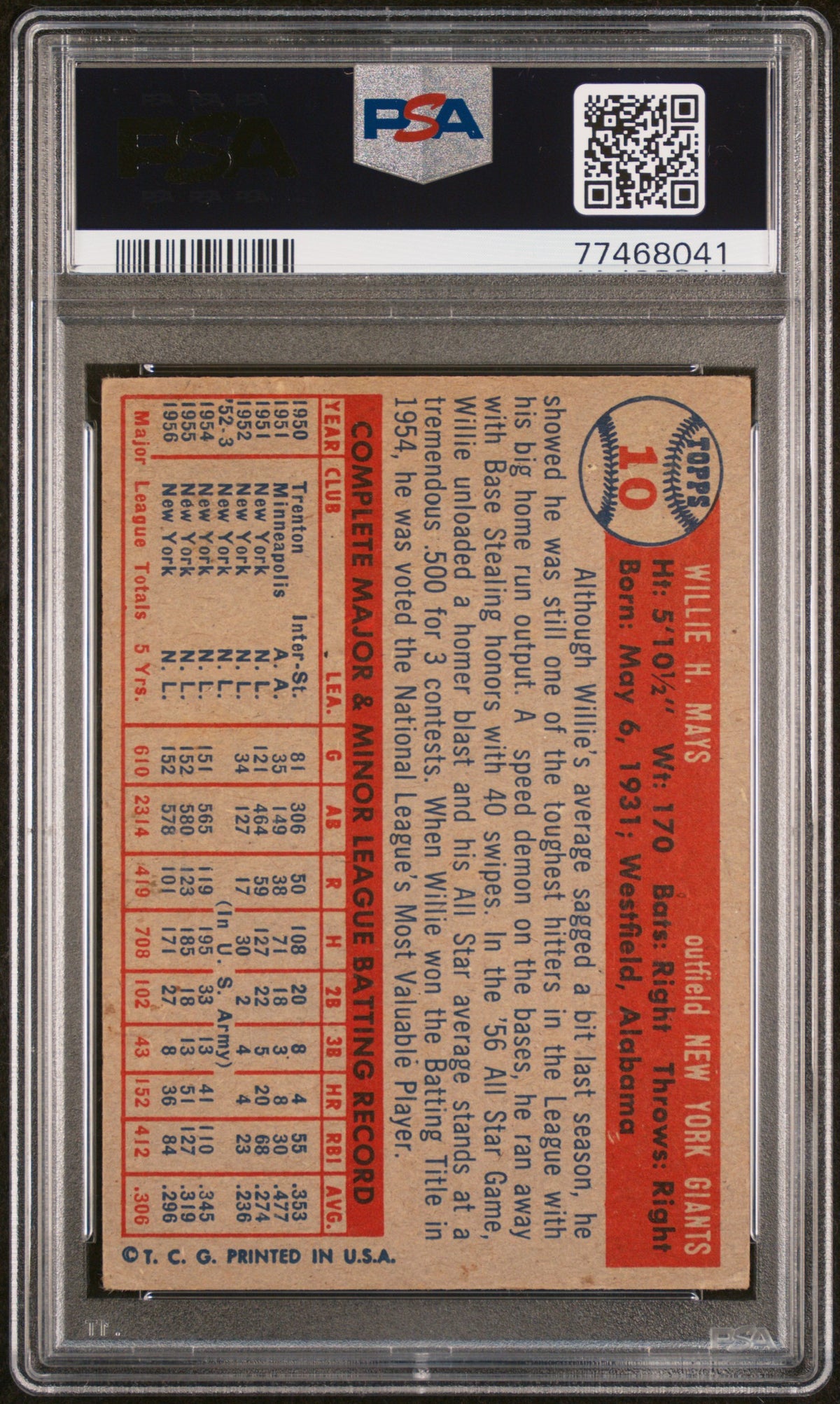 1957 Topps Willie Mays HOF #10 PSA 3++ Crease-Free, Eye Appeal